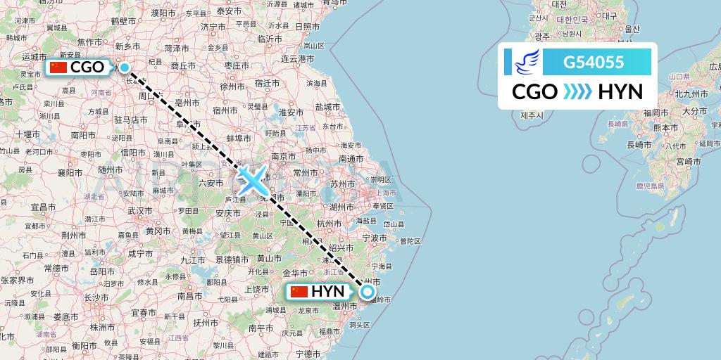 G54055 China Express Airlines Flight Map: Zhengzhou to Huangyan