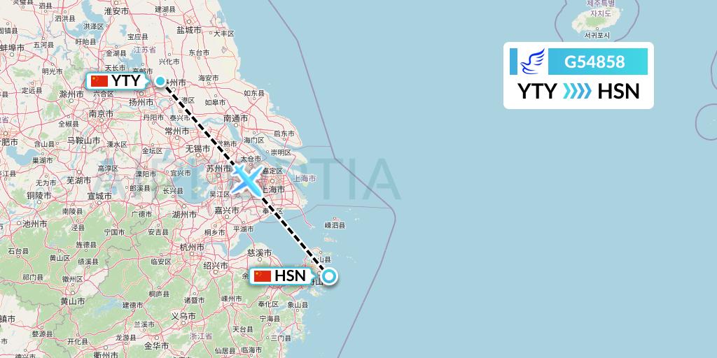 G54858 China Express Airlines Flight Map: Yangzhou to Zhoushan
