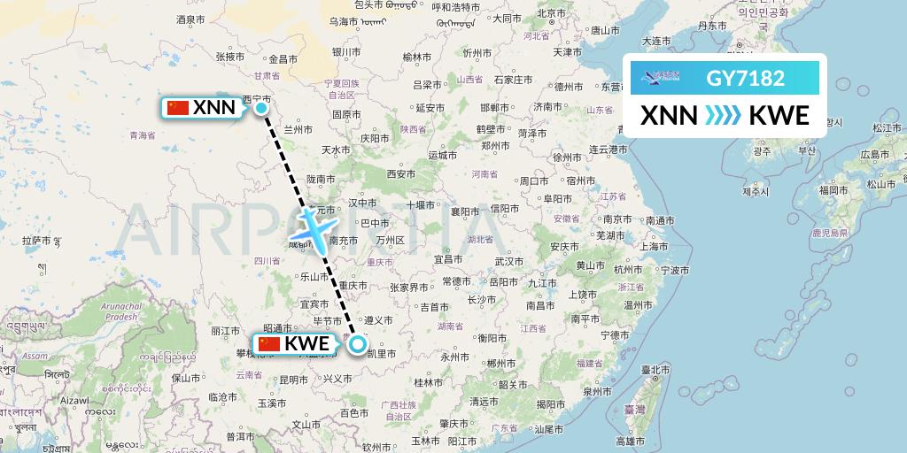 GY7182 Colorful GuiZhou Airlines Flight Map: Xining to Guiyang