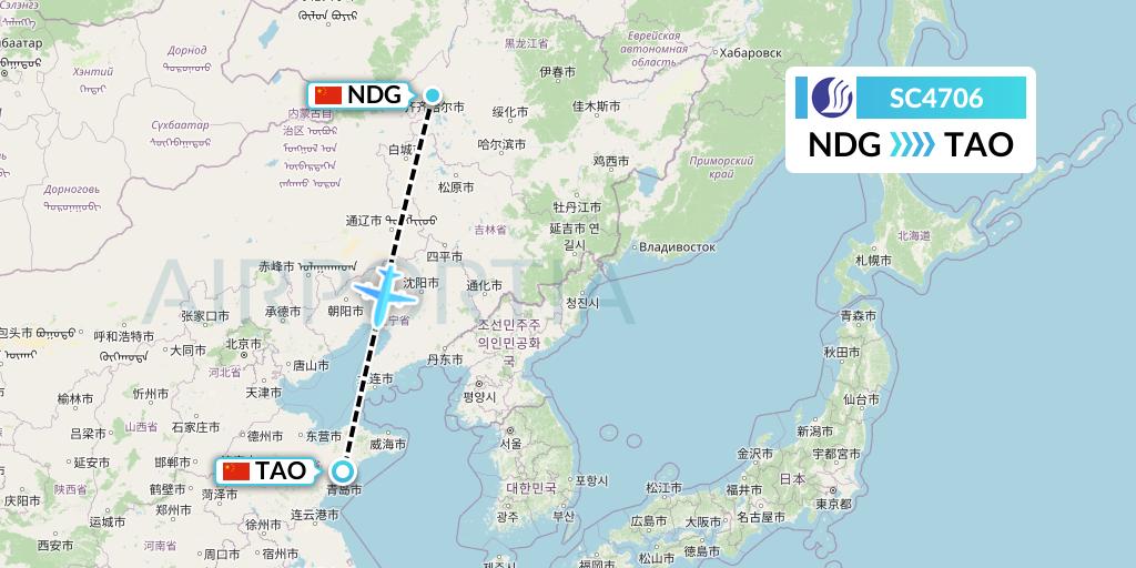 SC4706 Shandong Airlines Flight Map: Qiqihar to Qingdao