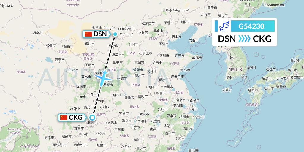 G54230 China Express Airlines Flight Map: Dongsheng to Chongqing