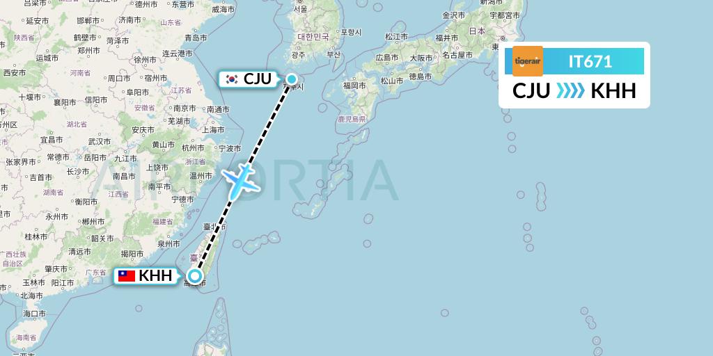 IT671 Tigerair Taiwan Flight Map: Jeju to Kaohsiung