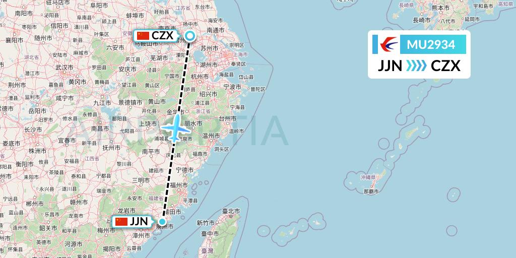MU2934 China Eastern Airlines Flight Map: Jinjiang to Changzhou