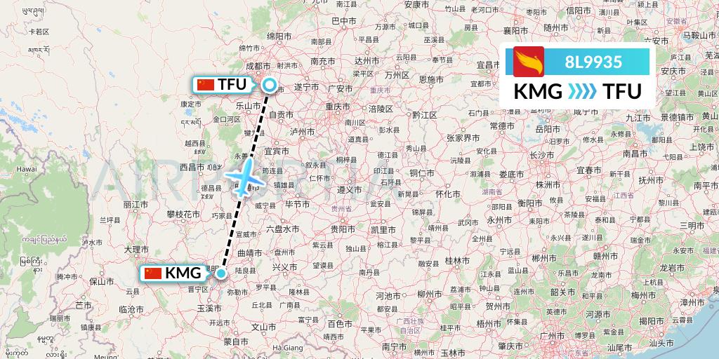 8L9935 Lucky Air Flight Map: Kunming to Chengdu