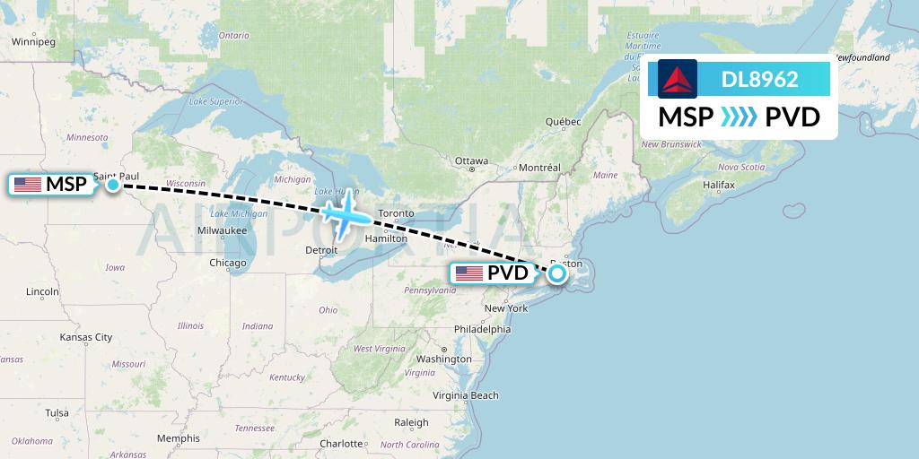 DL8962 Delta Air Lines Flight Map: Minneapolis to Providence