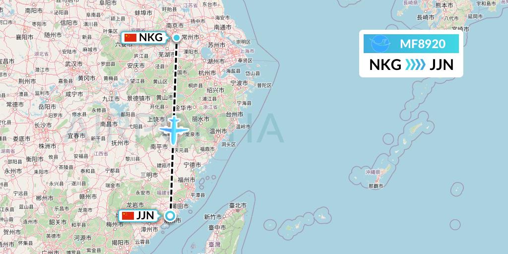 MF8920 Xiamen Airlines Flight Map: Nanjing to Jinjiang