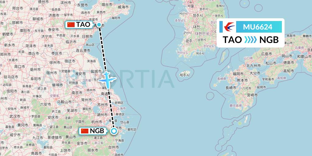 MU6624 China Eastern Airlines Flight Map: Qingdao to Ningbo