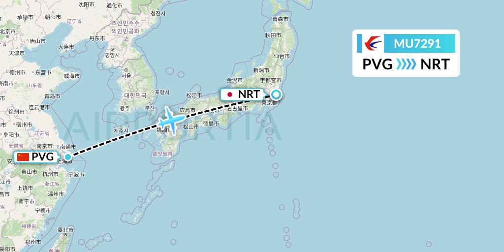 MU7291 China Eastern Airlines Flight Map: Shanghai to Tokyo