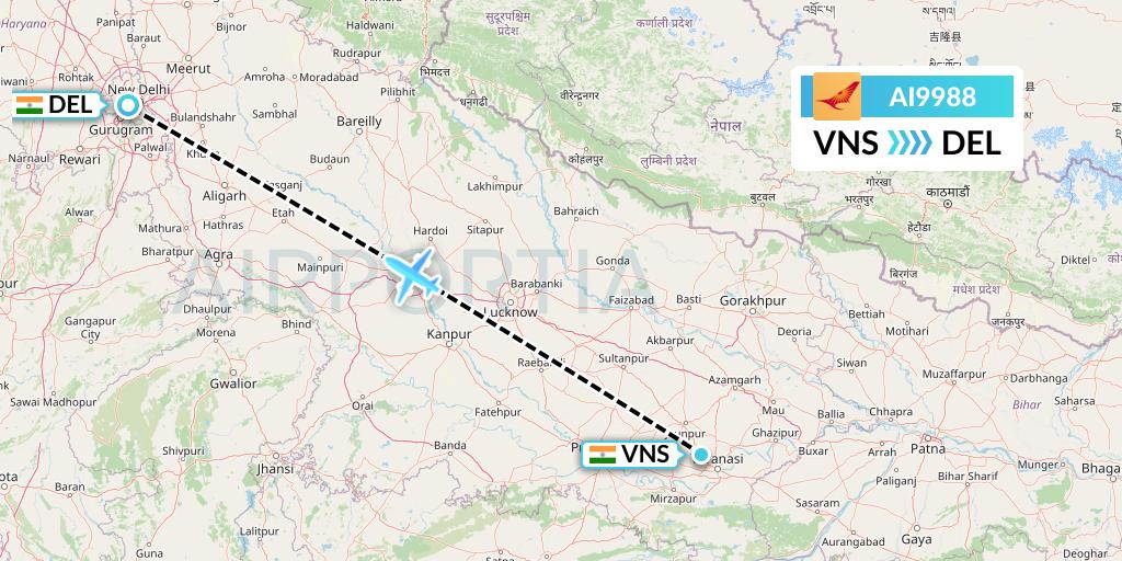 AI9988 Air India Flight Map: Varanasi to Delhi