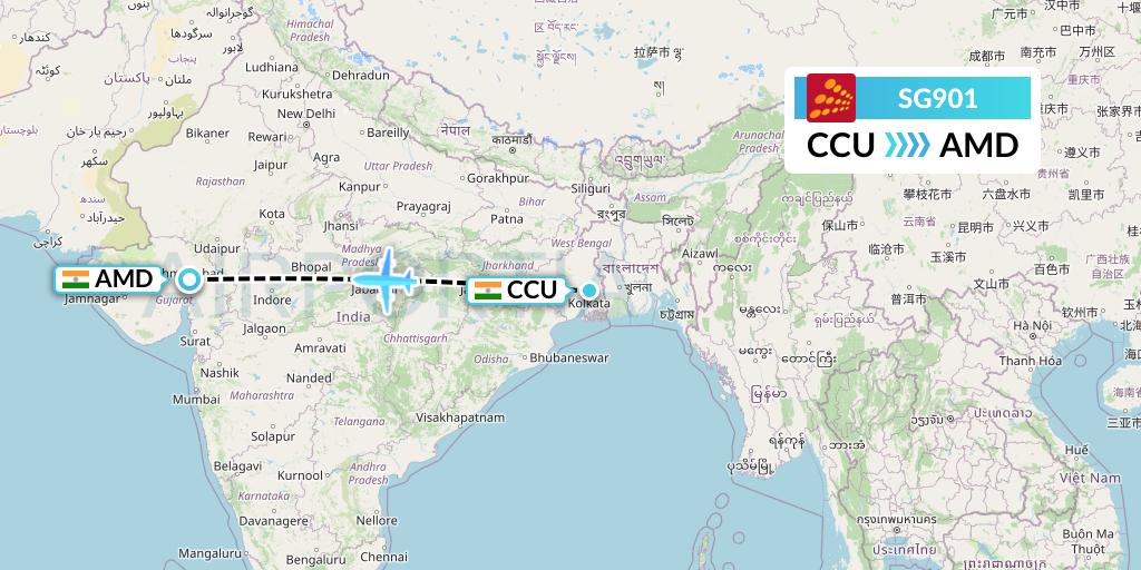 SG901 SpiceJet Flight Map: Kolkata to Ahmedabad