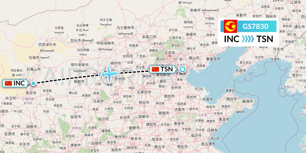 GS7830 Tianjin Airlines Flight Map: Yinchuan to Tianjin