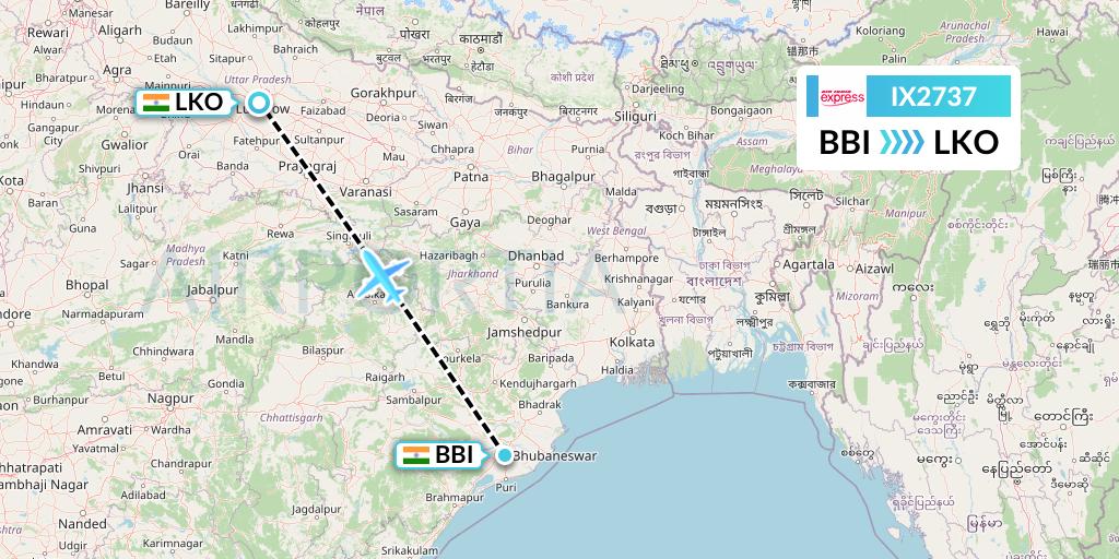 IX2737 Air India Express Flight Map: Bhubaneswar to Lucknow