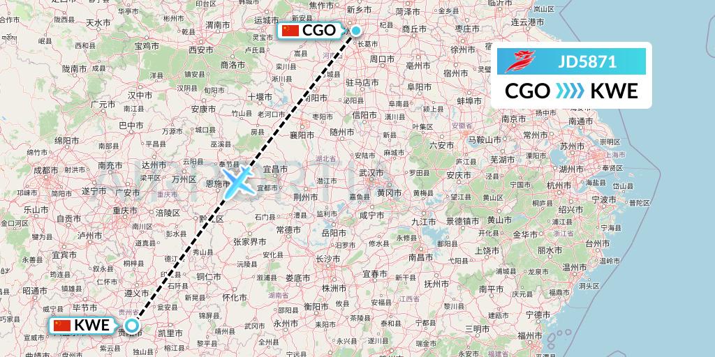 JD5871 Capital Airlines Flight Map: Zhengzhou to Guiyang