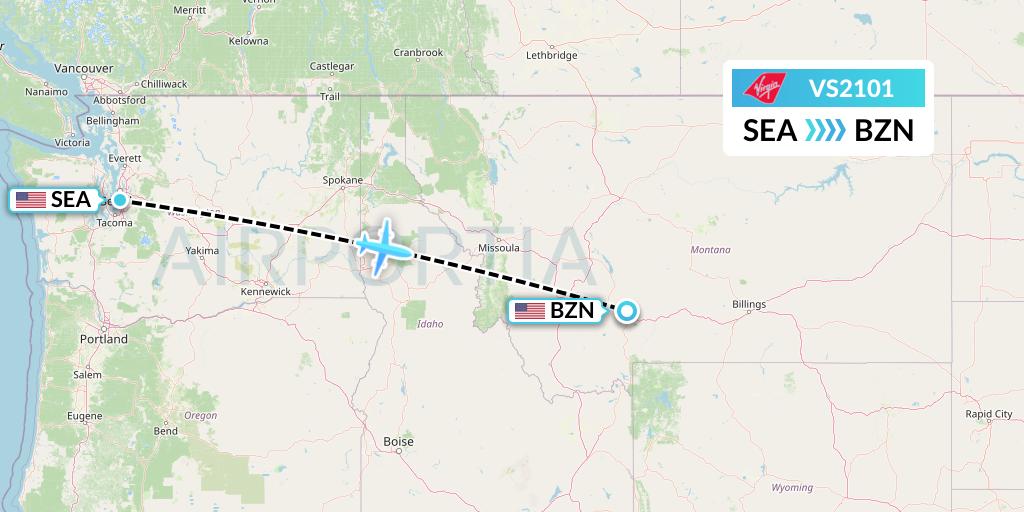 VS2101 Virgin Atlantic Airways Flight Map: Seattle to Bozeman