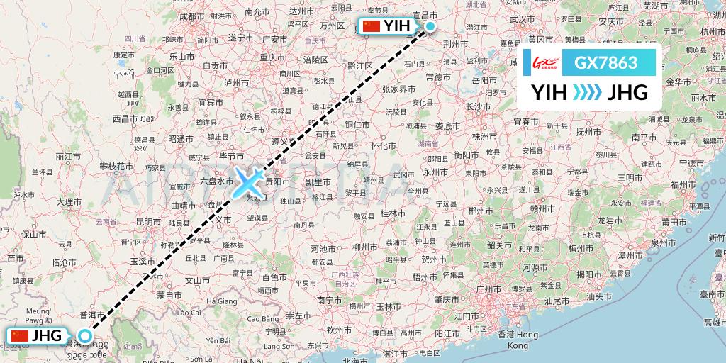 GX7863 GX Airlines Flight Map: Yichang to Jinghong