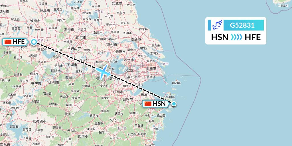 G52831 China Express Airlines Flight Map: Zhoushan to Hefei