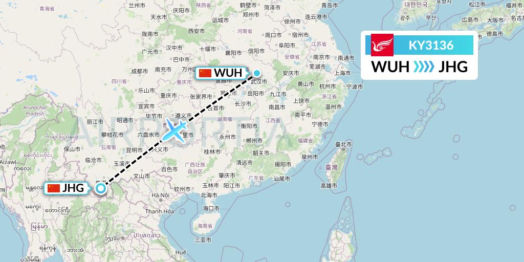 KY3136 Kunming Airlines Flight Map: Wuhan to Jinghong