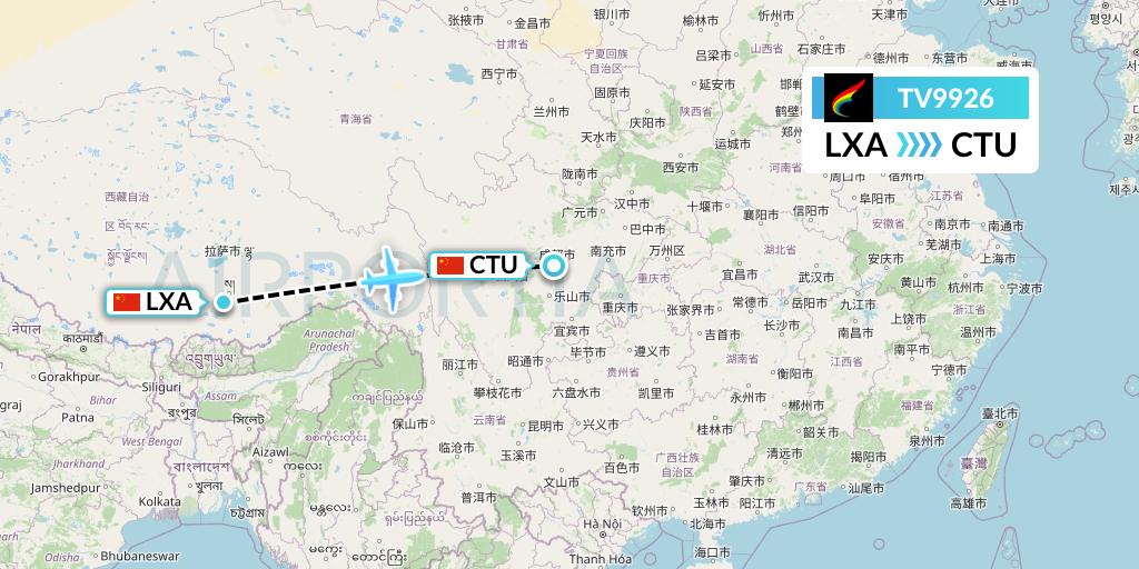 TV9926 Tibet Airlines Flight Map: Lhasa to Chengdu