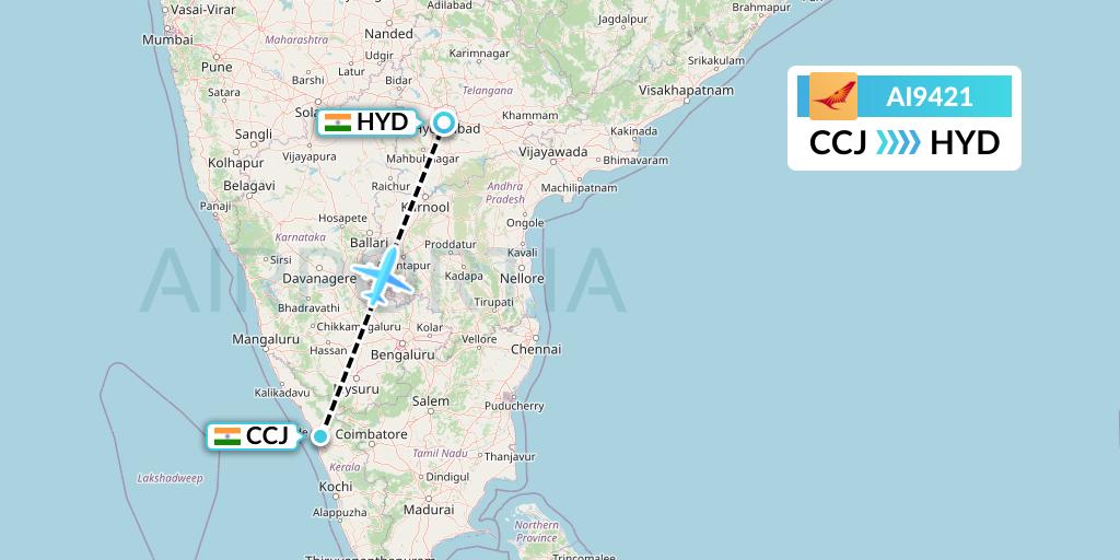 AI9421 Air India Flight Map: Kozhikode to Hyderabad