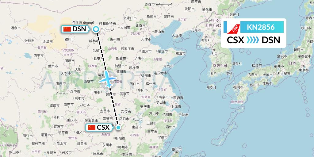 KN2856 China United Airlines Flight Map: Changsha to Dongsheng