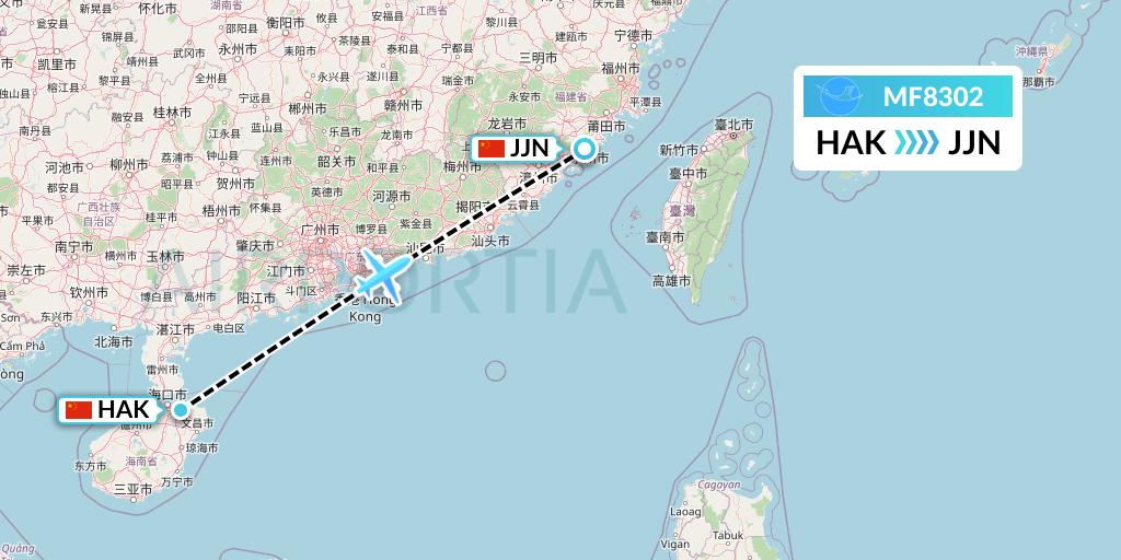 MF8302 Xiamen Airlines Flight Map: Haikou to Jinjiang