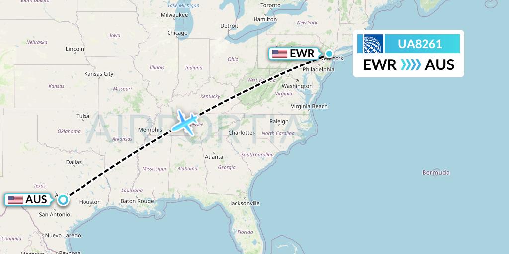 UA8261 United Airlines Flight Map: New York to Austin