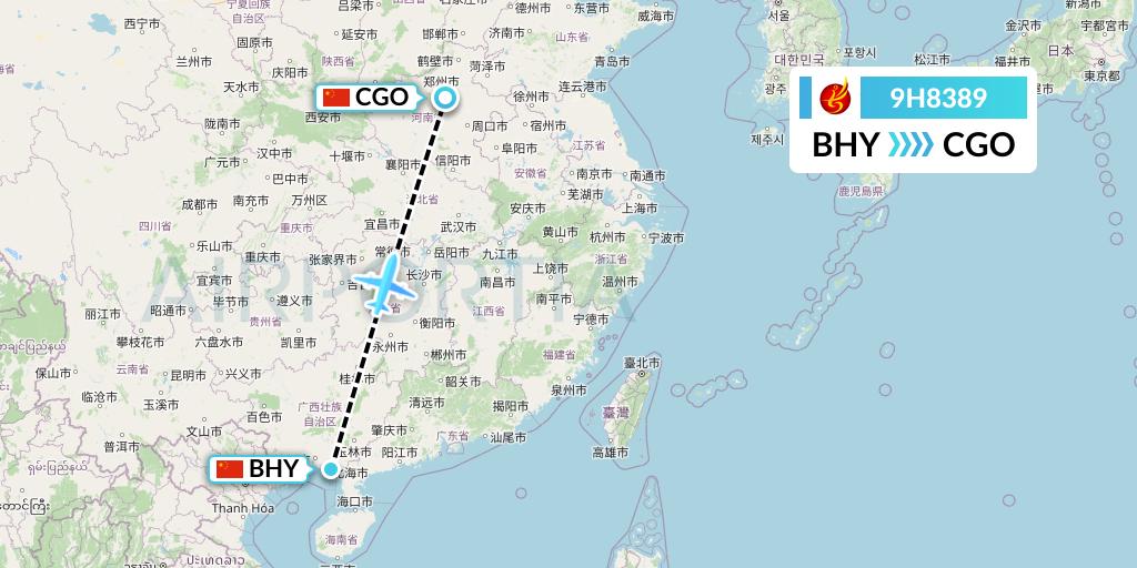 9H8389 Air Changan Flight Map: Beihai to Zhengzhou