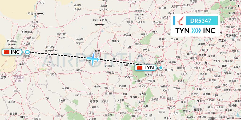 DR5347 Ruili Airlines Flight Map: Taiyuan to Yinchuan