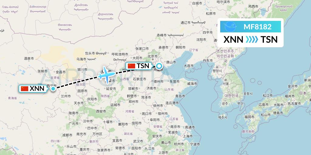 MF8182 Xiamen Airlines Flight Map: Xining to Tianjin