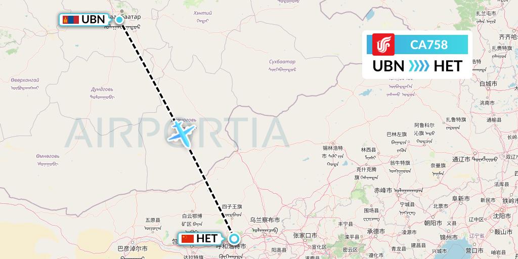 CA758 Air China Flight Map: Ulan Bator to Hohhot