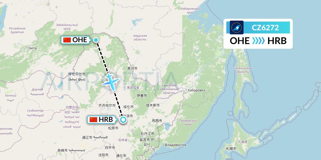 CZ6272 China Southern Airlines Flight Map: Mohe to Harbin