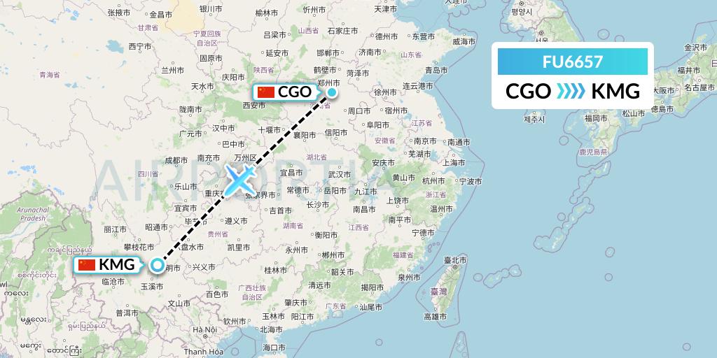 FU6657 Fuzhou Airlines Flight Map: Zhengzhou to Kunming
