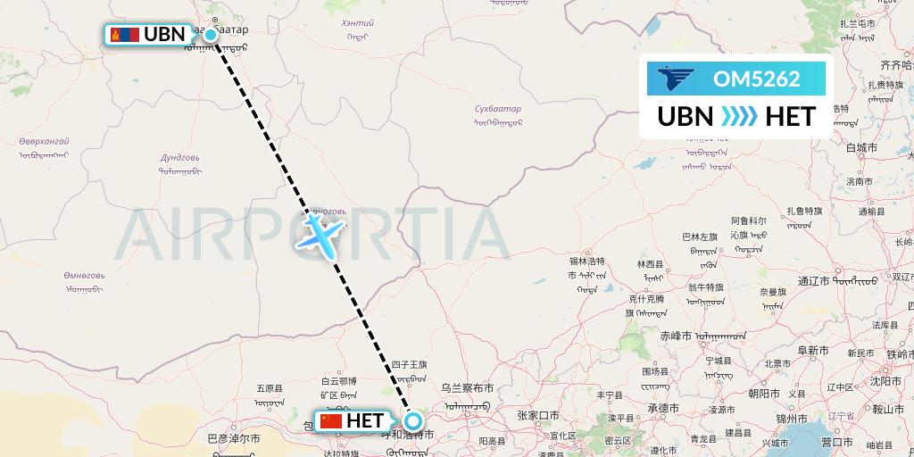 OM5262 MIAT Mongolian Airlines Flight Map: Ulan Bator to Hohhot