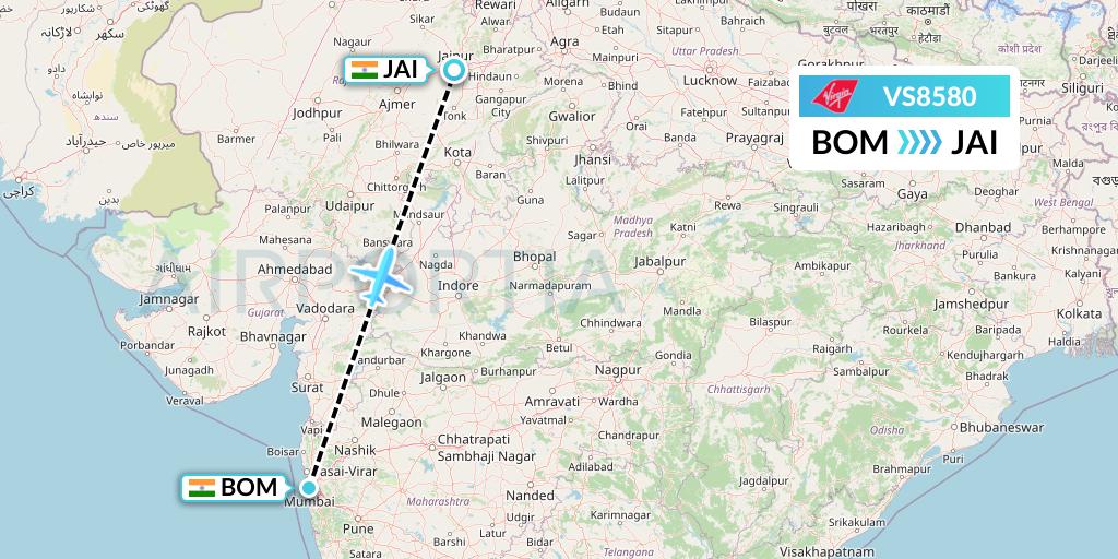 VS8580 Virgin Atlantic Airways Flight Map: Mumbai to Jaipur