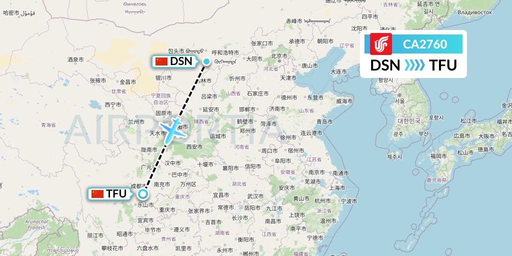 CA2760 Air China Flight Map: Dongsheng to Chengdu