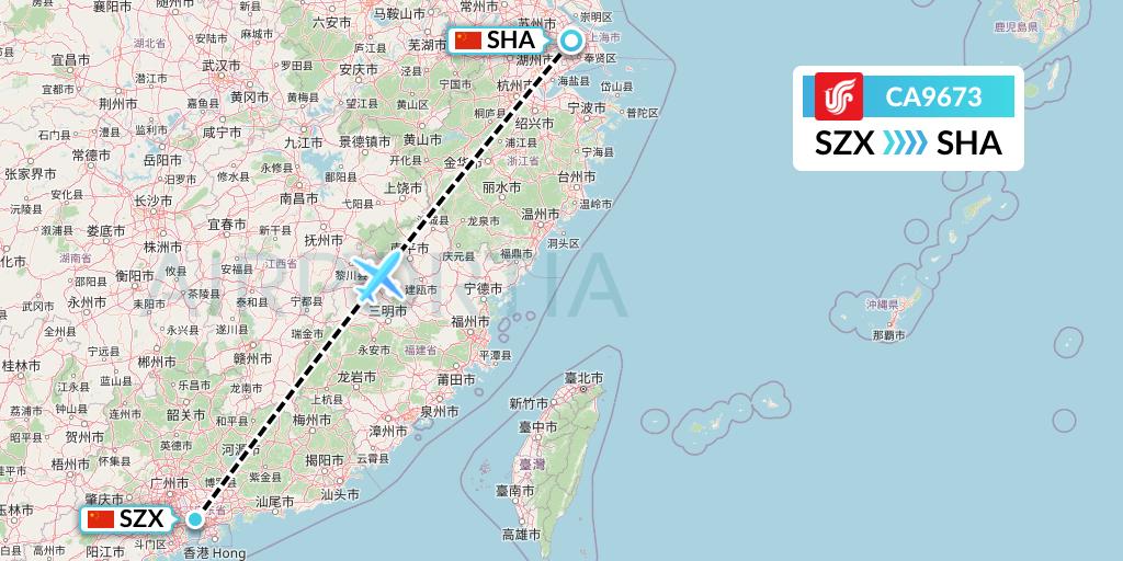 CA9673 Air China Flight Map: Shenzhen to Shanghai
