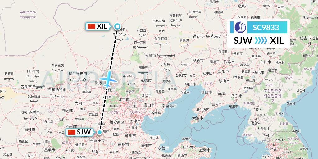 SC9833 Shandong Airlines Flight Map: Shijiazhuang to Xilinhot