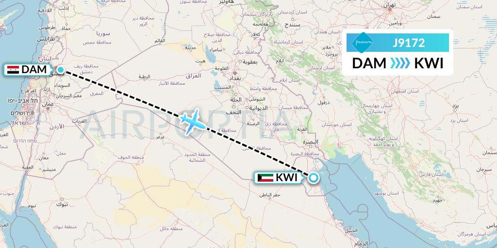 J9172 Jazeera Airways Flight Map: Damascus to Kuwait City
