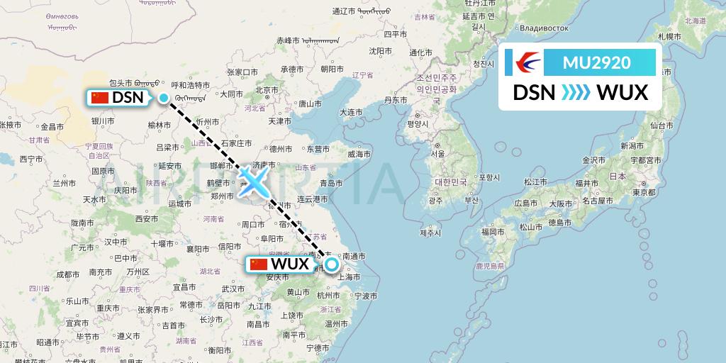 MU2920 China Eastern Airlines Flight Map: Dongsheng to Wuxi