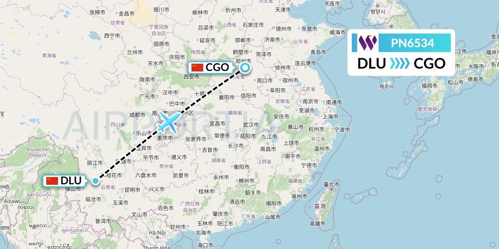 PN6534 China West Air Flight Map: Dali to Zhengzhou