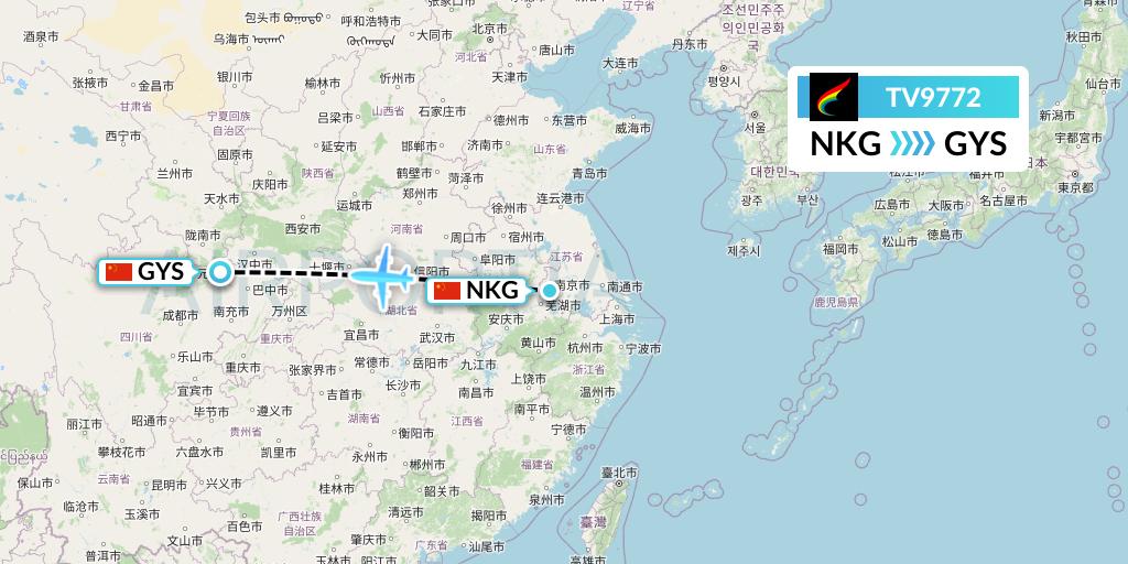 TV9772 Tibet Airlines Flight Map: Nanjing to Guangyuan