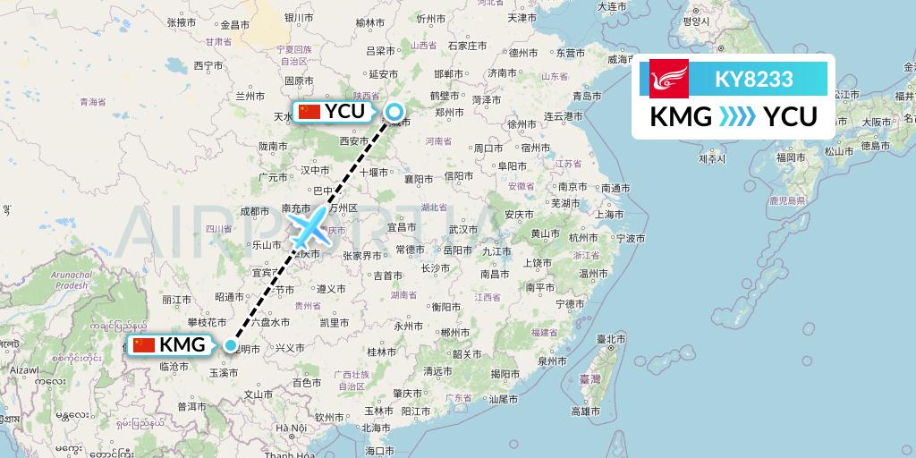 KY8233 Kunming Airlines Flight Map: Kunming to Yuncheng