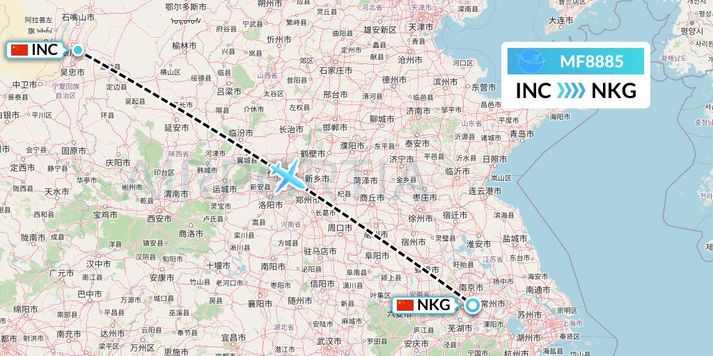 MF8885 Xiamen Airlines Flight Map: Yinchuan to Nanjing