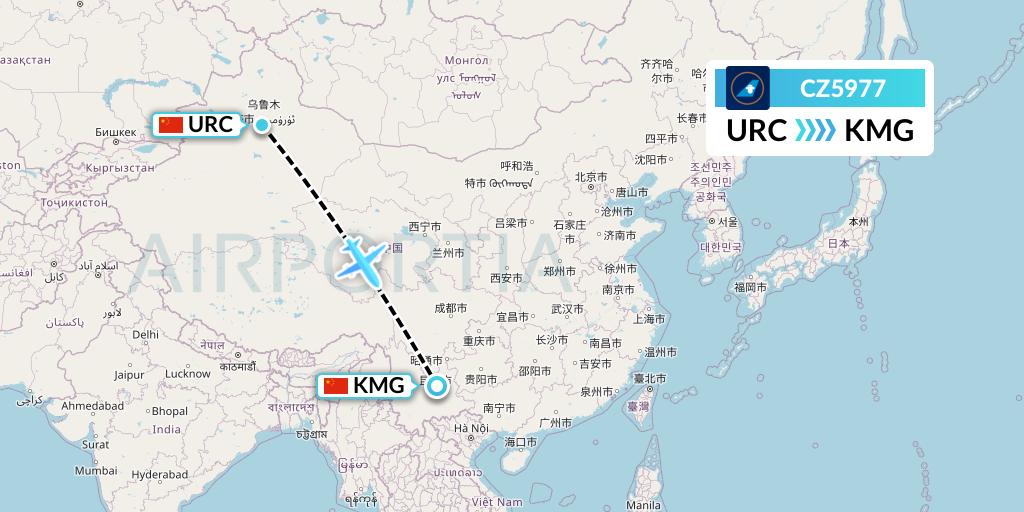CZ5977 China Southern Airlines Flight Map: Urumqi to Kunming