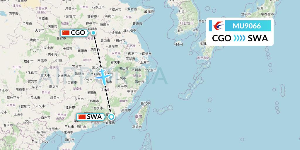 MU9066 China Eastern Airlines Flight Map: Zhengzhou to Jieyang