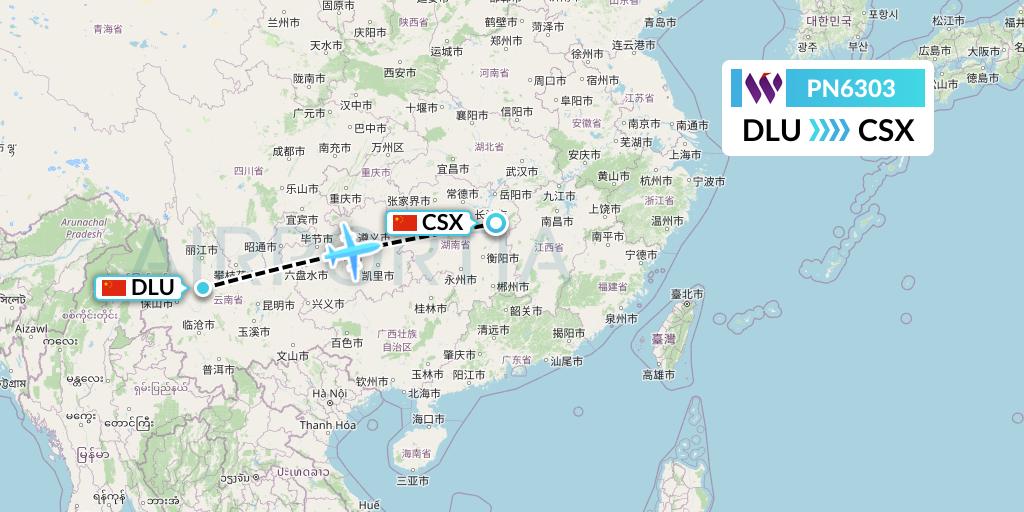 PN6303 China West Air Flight Map: Dali to Changsha