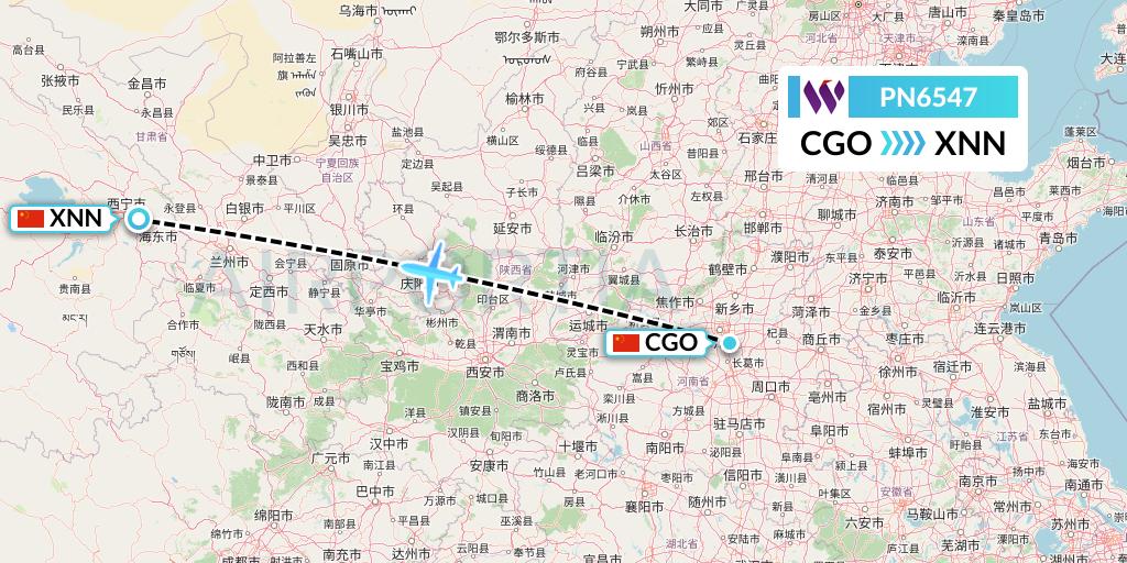 PN6547 China West Air Flight Map: Zhengzhou to Xining