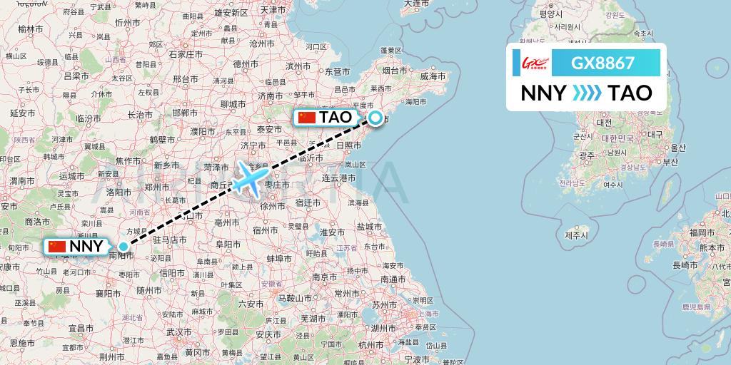 GX8867 GX Airlines Flight Map: Nanyang to Qingdao