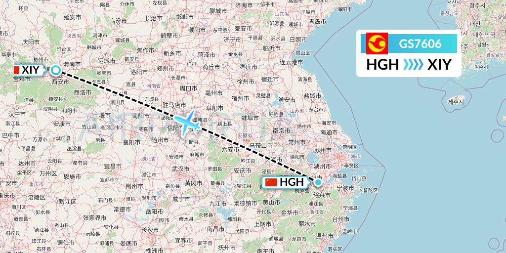 GS7606 Tianjin Airlines Flight Map: Hangzhou to Xi'an