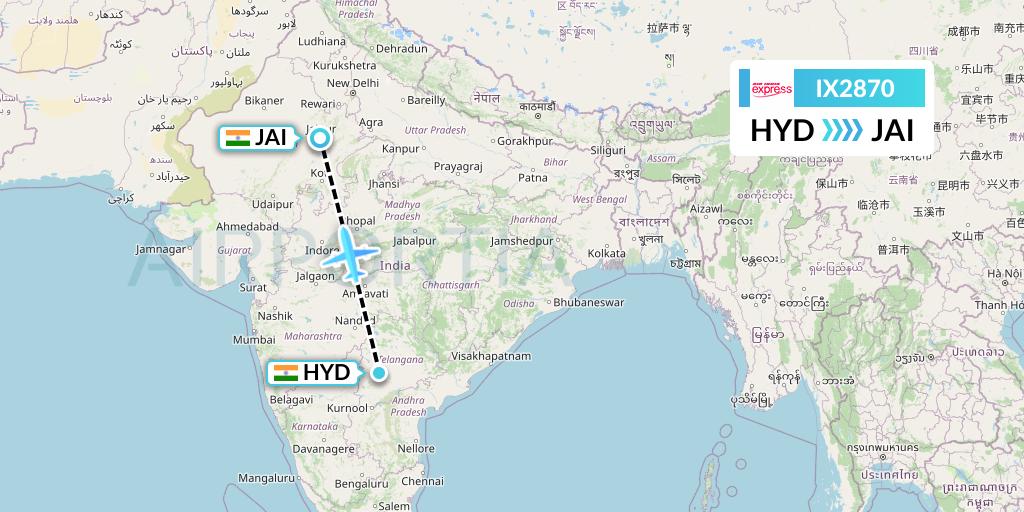 IX2870 Air India Express Flight Map: Hyderabad to Jaipur